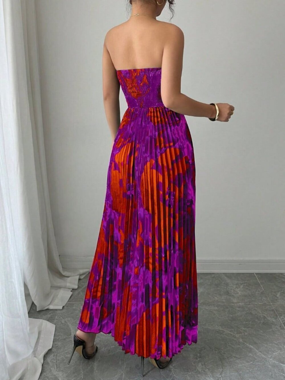 Purple Casual Women's Bandeau Waist-Cinched Pleated Full Print Dress - Picture 2 of 6
